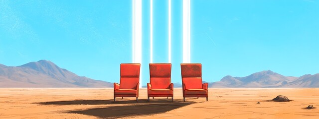 Chairs on the desert, light beams from the sky above in a simple cartoon style