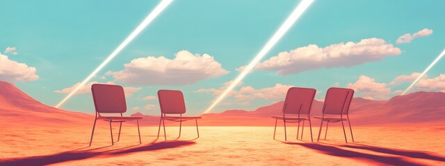 Chairs on the desert, light beams from the sky above in a simple cartoon style