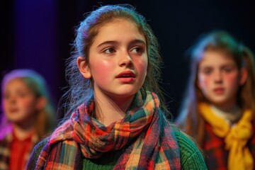 Young performers express emotion on stage during a theatrical production in a local theater