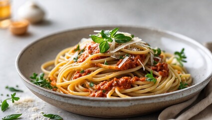 Delicious spaghetti served with rich tomato sauce and garnished with fresh herbs and cheese
