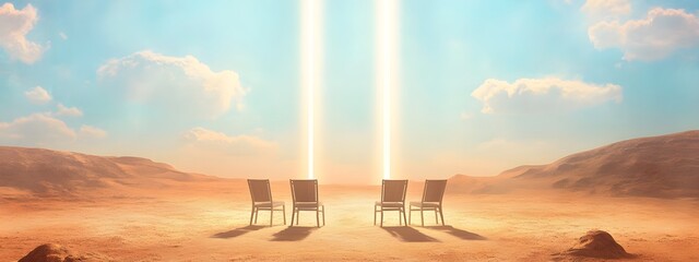 Chairs on the desert, light beams from the sky above in a simple cartoon style
