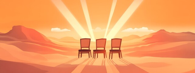 Chairs on the desert, light beams from the sky above in a simple cartoon style