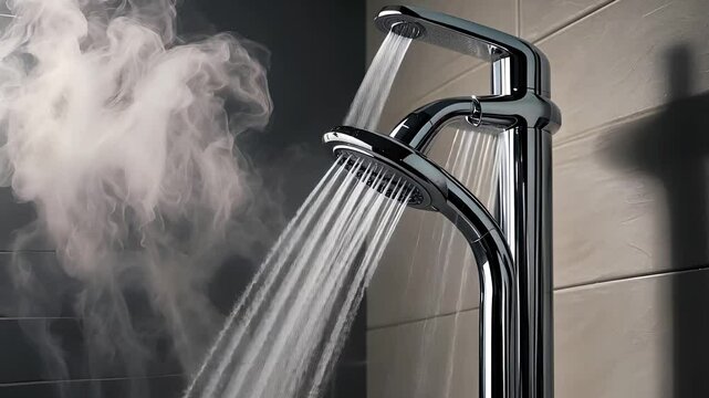 Modern Chrome Showerhead with Steaming Hot Water Flowing in a Contemporary Bathroom Setting

