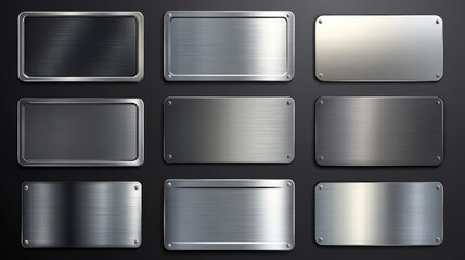 Steel tag plate with borders and screws. Realistic vector set of metal nameplates or boards with empty space for sign. Silver plaque or stainless frame mockup. Blank shape with chrome texture surface.