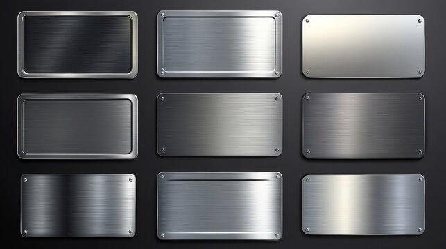 Steel tag plate with borders and screws. Realistic vector set of metal nameplates or boards with empty space for sign. Silver plaque or stainless frame mockup. Blank shape with chrome texture surface.