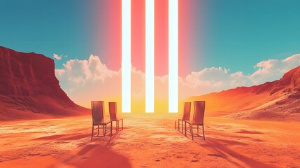 Chairs on the desert, light beams from the sky above in a simple cartoon style