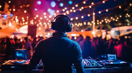 Space party cartoon flyers, invitation to music show with astronaut dj with turntable in open space, spaceman mixing techno sounds, cosmos, galaxy posters free drinks and parking Vector illustration