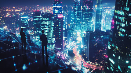 Fototapeta premium Abstract business team stands on the peak of success amid tall, innovative Smart city and graphs with statistics to analyze business potential and predict future developments in company growth.