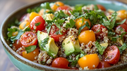 Colorful quinoa salad with cherry tomatoes and avocado.