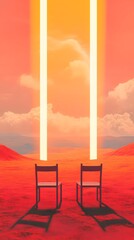 Chairs on the desert, light beams from the sky above in a simple cartoon style