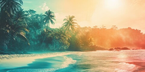Tropical Beach Sunset Palm Trees Ocean Scene