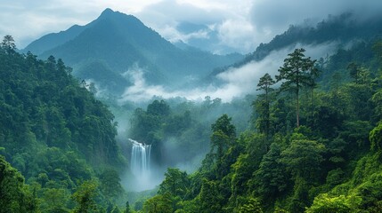 Misty waterfall cascading down lush green mountain valley.