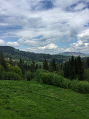 Scenic view of lush green hills and cloudy sky