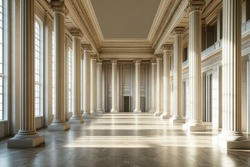 Fototapeta premium Spacious hall with sunlight streaming through large windows and stunning columns in a grand architectural design