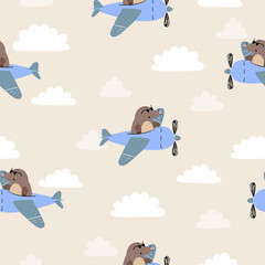 Seamless pattern with cute moles on planes. Baby print with cartoon pilots