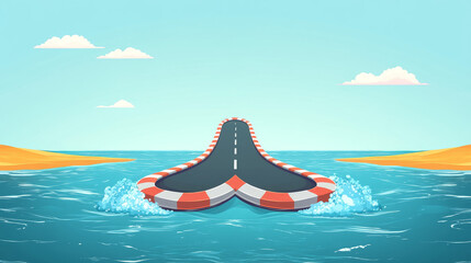Race track for cars over sea water surface top view, road in shape of infinity sign with start and finish line. Cartoon background for game, racetrack aquatic location, asphalted vector way loop