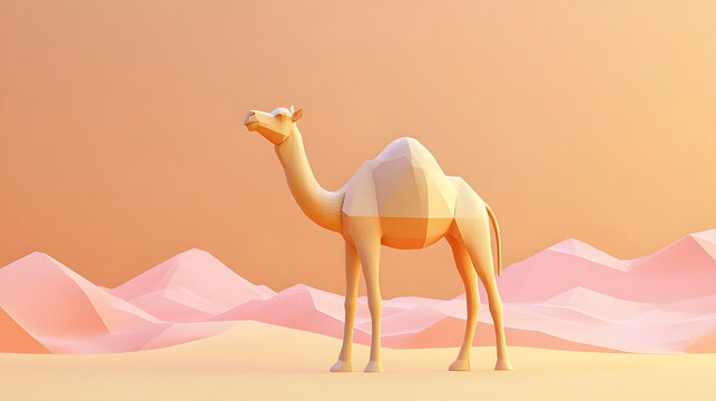 A stylized camel in a geometric desert landscape.