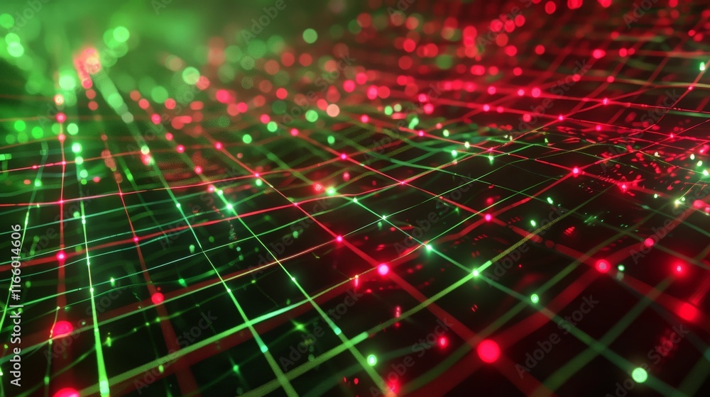 Poster abstract digital grid network with flowing green and red particles creating a futuristic technologic