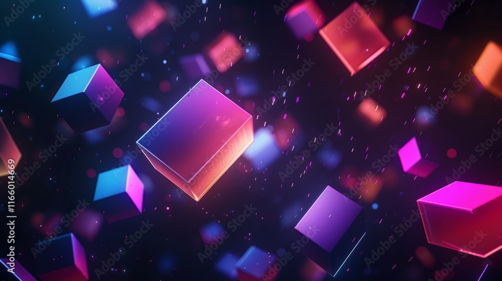 Poster glowing neon cubes floating in digital space, creating a vibrant and dynamic wallpaper background