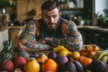 Fototapeta premium Muscular man with tattoos surrounded by fresh fruits in a stylish kitchen setting