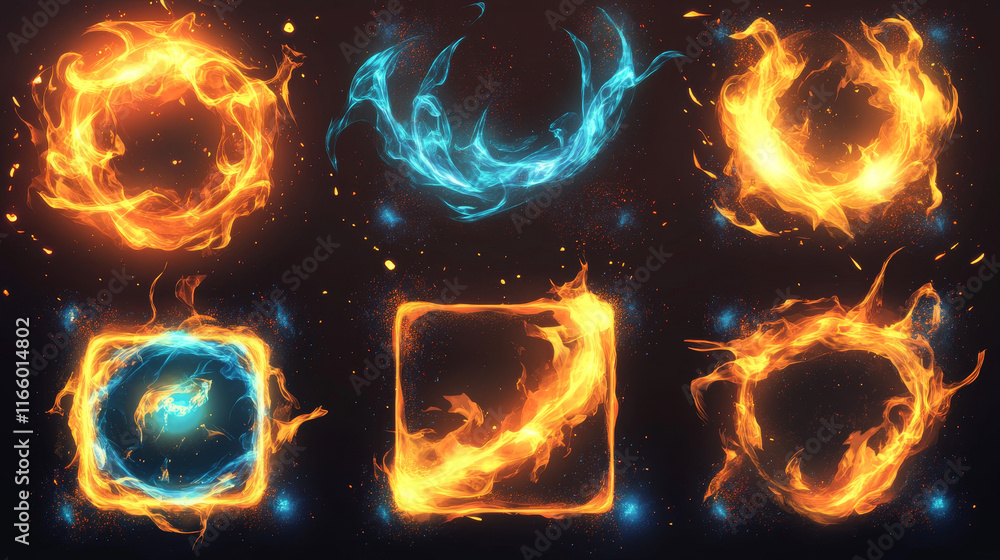 Poster set of circular and square fire frames isolated on transparent background. vector illustration of ye