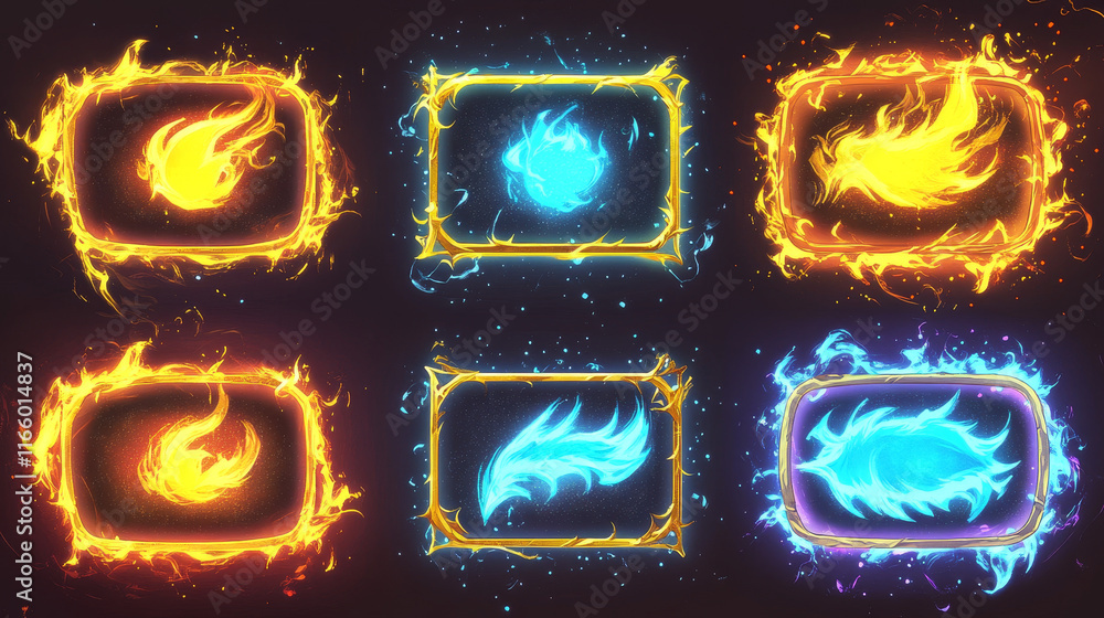 Poster set of circular and square fire frames isolated on transparent background. vector illustration of ye
