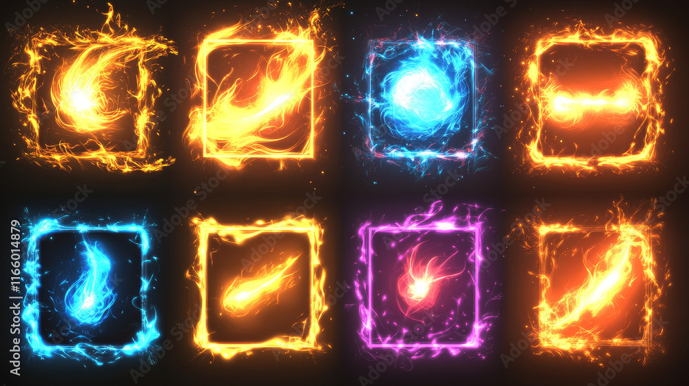 Poster set of circular and square fire frames isolated on transparent background. vector illustration of ye