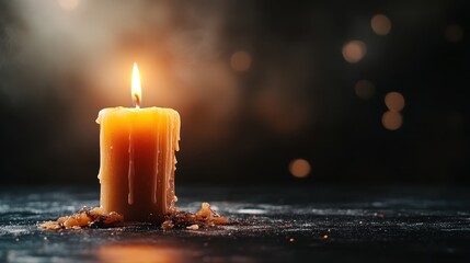 A solitary candle flickers softly, melting wax cascading down its side, creating a soothing and serene atmosphere amidst a dark, shadowy background.