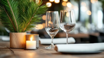 An exquisite table setting featuring decorative glasses, a candle, and lush greenery creates an inviting and intimate atmosphere perfect for dinner parties.