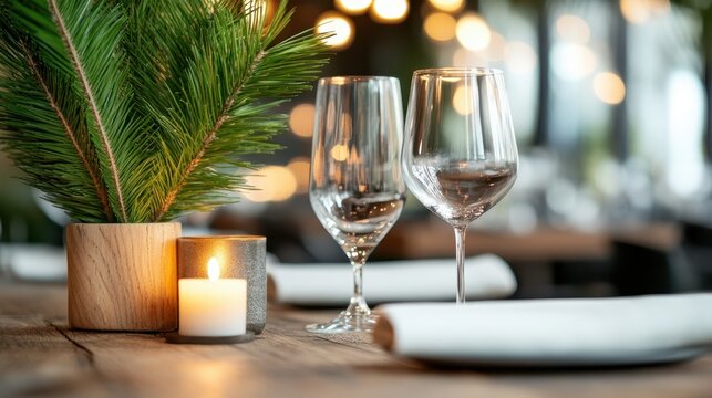 An exquisite table setting featuring decorative glasses, a candle, and lush greenery creates an inviting and intimate atmosphere perfect for dinner parties.