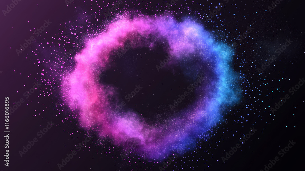 Poster color powder explosions with round banners. clouds of paint dust with particles. vector realistic sp
