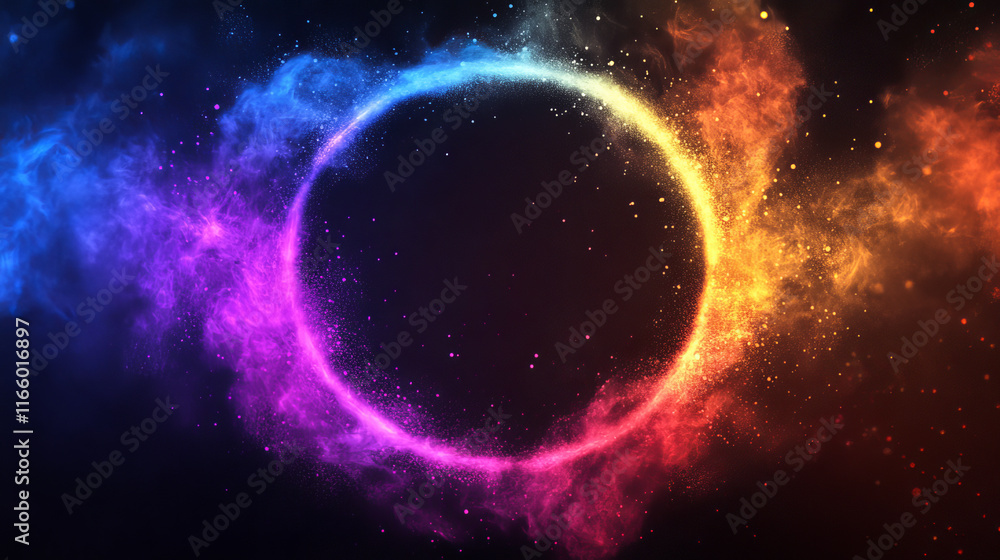 Poster color powder explosions with round banners. clouds of paint dust with particles. vector realistic sp