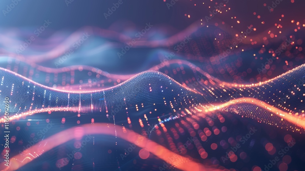 Poster abstract background with particles forming a wavy surface with a depth of field effect and a gradien