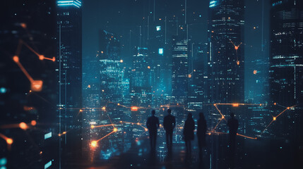Fototapeta premium Hacker are planning to hack and attack networks and cyber security systems. Smart Innovation city with connection ffuture wireless digital city and social media networking over the sunset cityscape. 