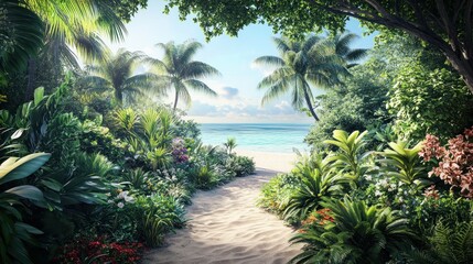 The lush garden is located on the beachfront, featuring a variety of tropical plants and flowers, background wallpaper AI generated image