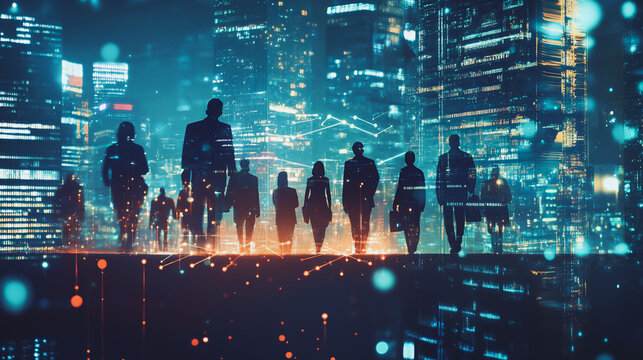 Abstract business team stands on the peak of success amid tall, innovative Smart city and graphs with statistics to analyze business potential and predict future developments in company growth.