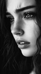 Fototapeta premium A moving portrait of a sad woman shows her features marked by melancholy. Woman with a sad look in neutral tones.