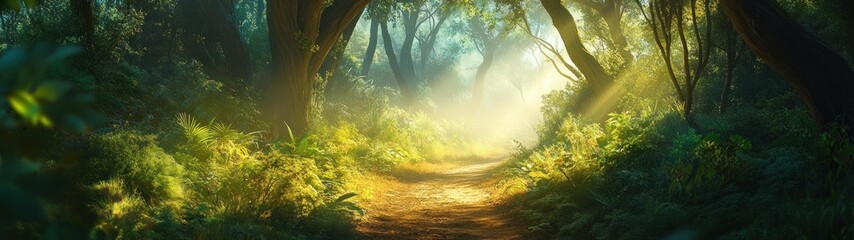 Obraz premium Close up view of a green forest with a beautiful and quiet dirt path background wallpaper AI generated image