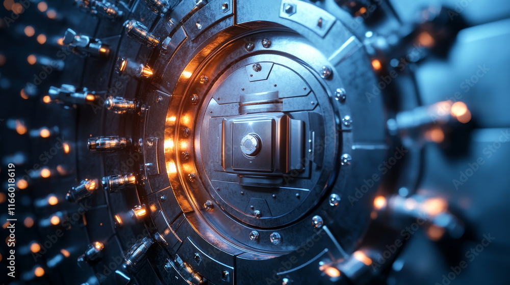 Poster grey bank vault door with polygon line on abstract background. polygonal space low poly with connect
