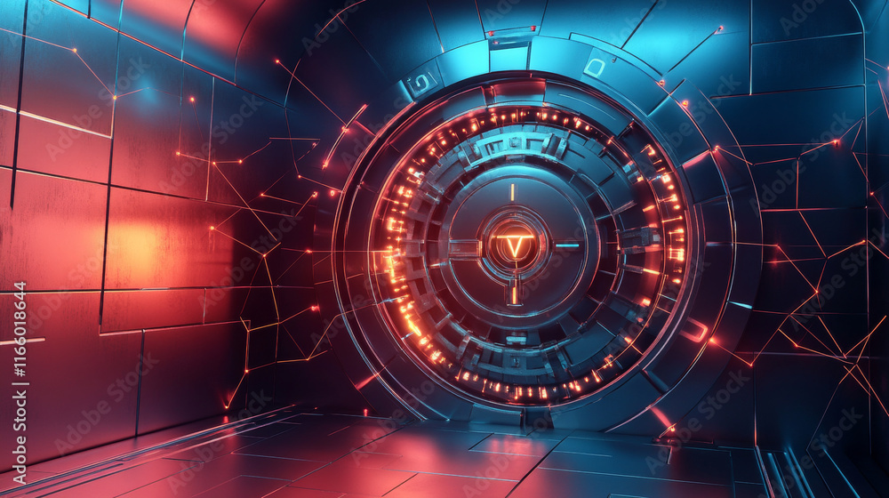 Poster grey bank vault door with polygon line on abstract background. polygonal space low poly with connect