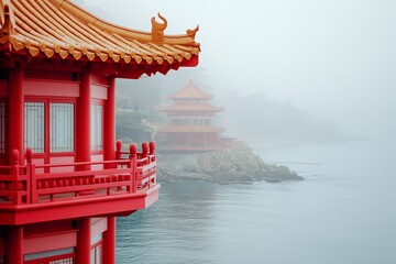 Obraz premium Red Chinese pagoda on foggy coast.