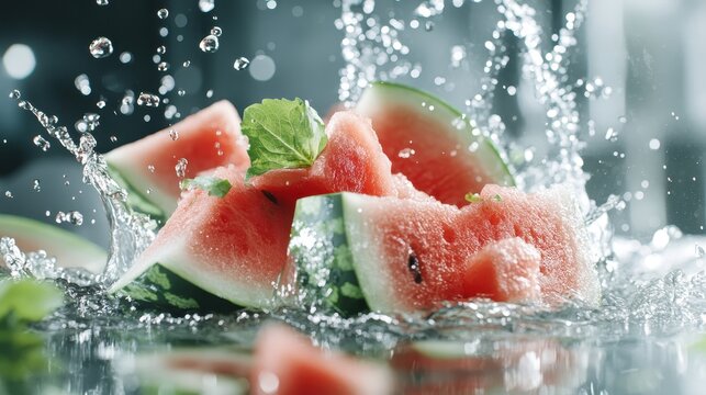 Juicy watermelon pieces are splashed in water, creating a dynamic and refreshing scene that embodies the essence of summer and vibrant health.