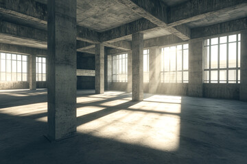 A bright and airy loft or warehouse space, showcasing high ceilings, large windows, and numerous support pillars.