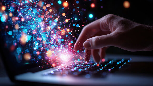Hand typing on laptop with colorful digital particles emerging, symbolizing creativity and technology. vibrant colors create dynamic atmosphere