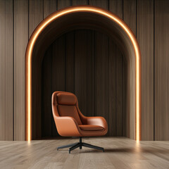 A cozy brown chair is positioned in a modern, illuminated archway against a wooden wall, creating a stylish and inviting atmosphere.