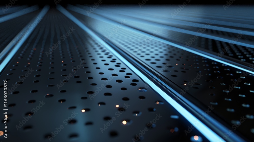 Aufkleber futuristic metallic surface with glowing blue lines and holes, creating a sense of depth and perspec