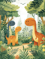 Obraz premium Playful dinosaurs exploring a vibrant woodland environment together