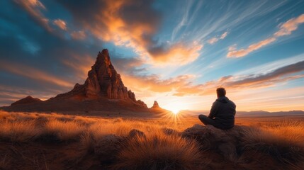 A lone figure sits in contemplation amidst the warm glow of a desert sunset, highlighting the beauty of solitude and the connection to nature's breathtaking landscapes.