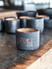 A close-up of rustic black ceramic cups arranged on a wooden surface, showcasing their unique textures and handcrafted design.
