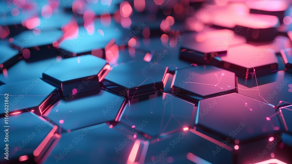 Poster reflective hexagonal surface with glowing lines connecting each other, creating a futuristic technol